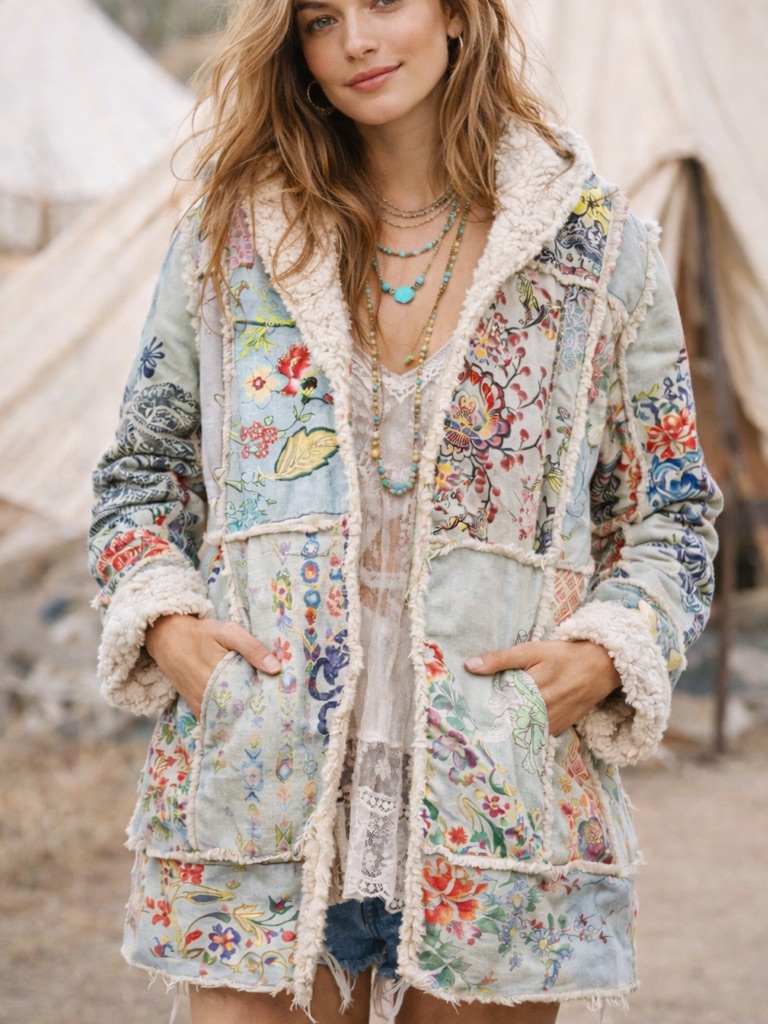 Johnny Was Gigianna Faux Suede Sherpa Lined Boho Patchwork Wearable Art Coat L